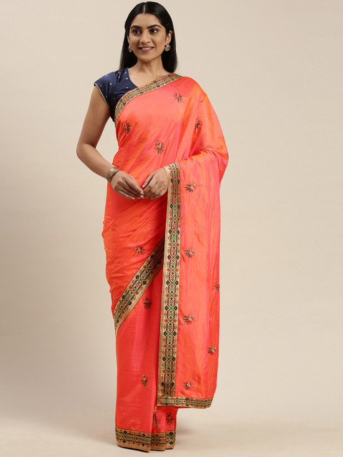 

Indian Women Peach-Coloured & Golden Silk Blend Embroidered Saree