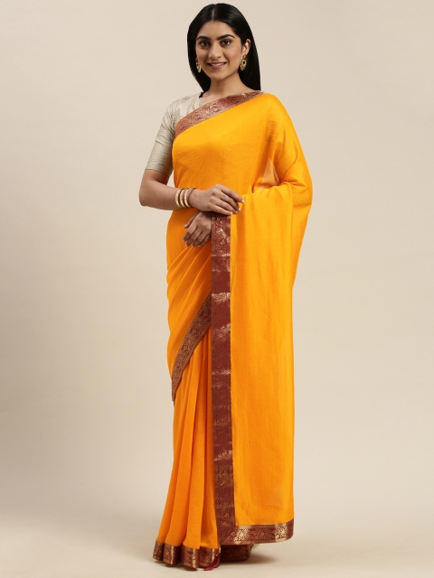 

Indian Women Mustard Yellow Solid Silk Blend Saree