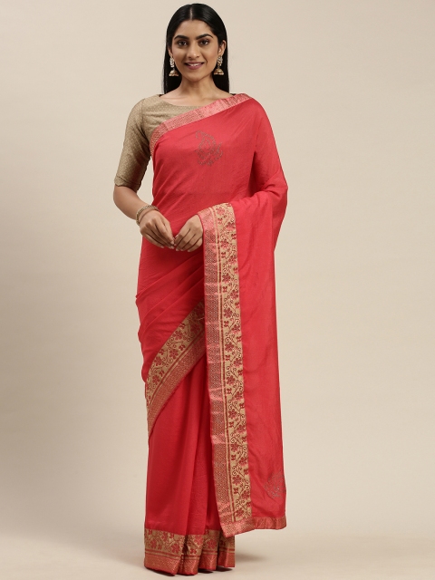 

Indian Women Pink & Golden Silk Blend Embellished Saree