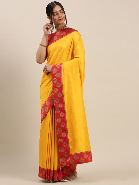 

Indian Women Yellow & Red Silk Blend Solid Saree