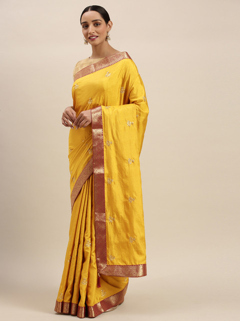 

Indian Women Yellow Embellished Vichitra Silk Blend Saree