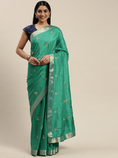 

Indian Women Sea Green & Gold-Toned Silk Blend Embroidered Designer Saree
