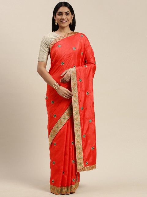 

Indian Women Red Embroidered Silk Blend Saree