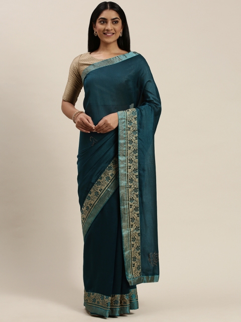

Indian Women Teal Blue Embellished Silk Blend Saree