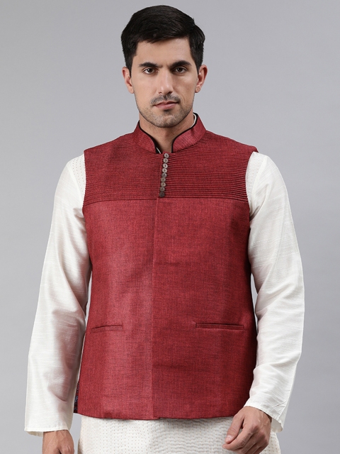

Ethnix by Raymond Maroon Solid Woven Nehru Jacket