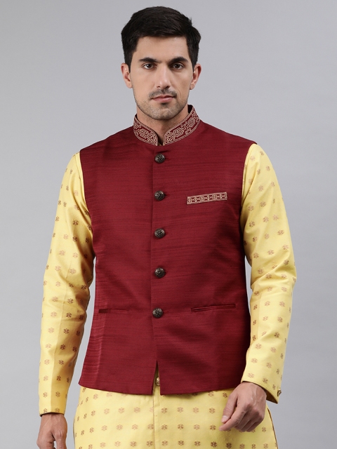 

Ethnix by Raymond Maroon Solid Woven Nehru Jacket