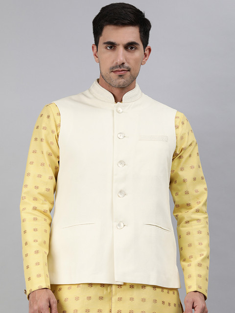 

Ethnix by Raymond Men White Solid Woven Design Nehru Jacket