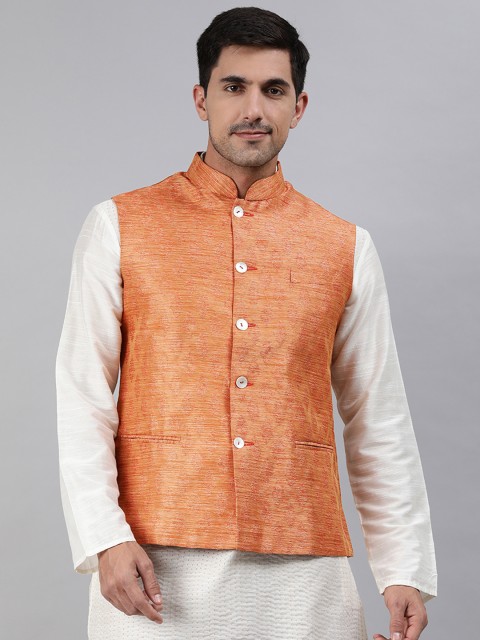 

Ethnix by Raymond Men Orange Solid Woven Design Nehru Jacket