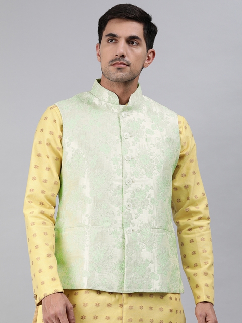 

Ethnix by Raymond Men White & Green Printed Woven Design Nehru Jacket