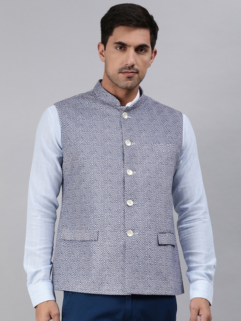 

Ethnix by Raymond Men White & Blue Printed Nehru Jacket