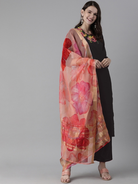 

Indo Era Women Black & Pink Embroidered Kurta with Palazzos & Dupatta