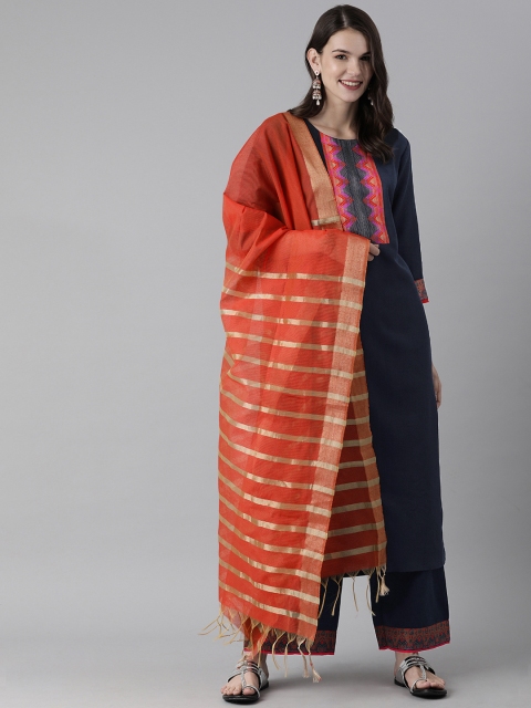 

Indo Era Women Navy Blue & Orange Yoke Design Kurta with Palazzos & Dupatta
