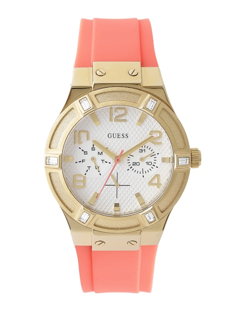 

GUESS Women White Stone-Studded Textured Dial Watch W0564L2