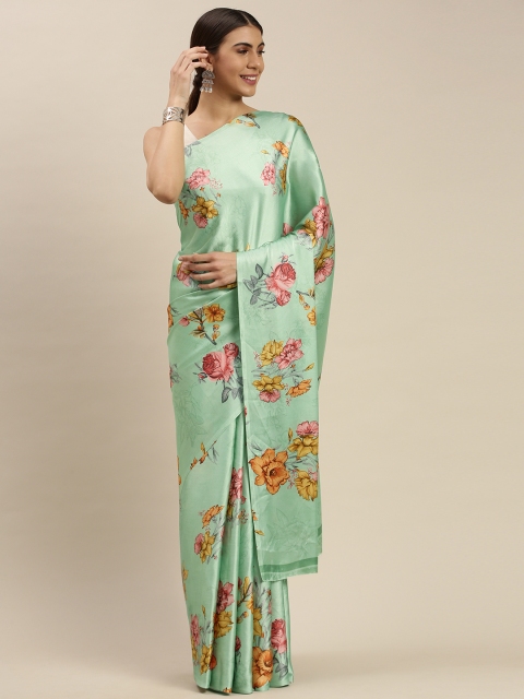 

Mitera Green & Pink Floral Printed Satin Saree