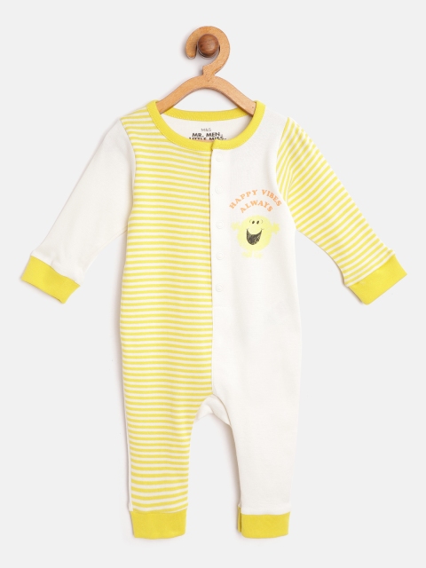 

Marks & Spencer Kids White & Yellow Striped Pure Cotton Rompers with Printed Detail