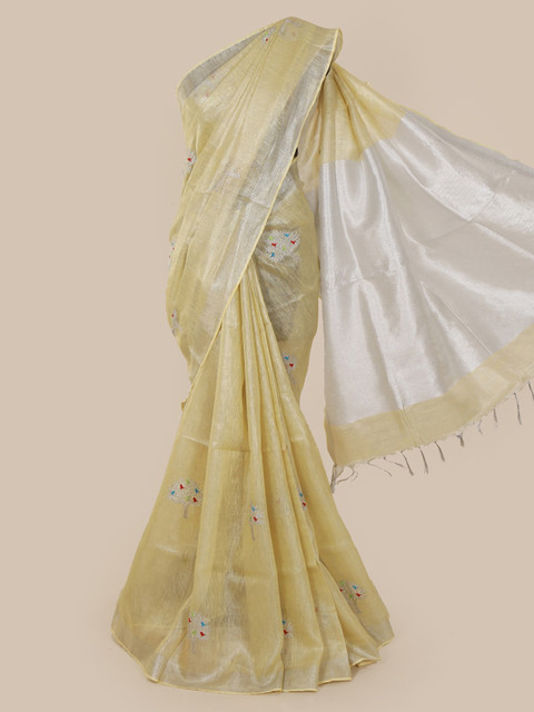 

Pothys Yellow & Silver-Toned Linen Blend Printed Saree With Tasseled Pallu