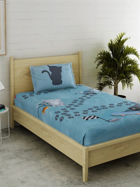 

EverHOME Teal Blue Graphic 152 TC Cotton 1 Single Bedsheet with 1 Pillow Covers