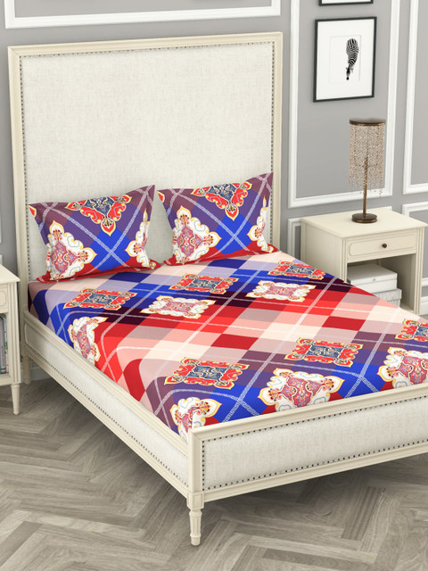 

BIANCA Orange & Blue Ethnic Motifs 210 TC Polyester 1 King Bedsheet with 2 Pillow Covers