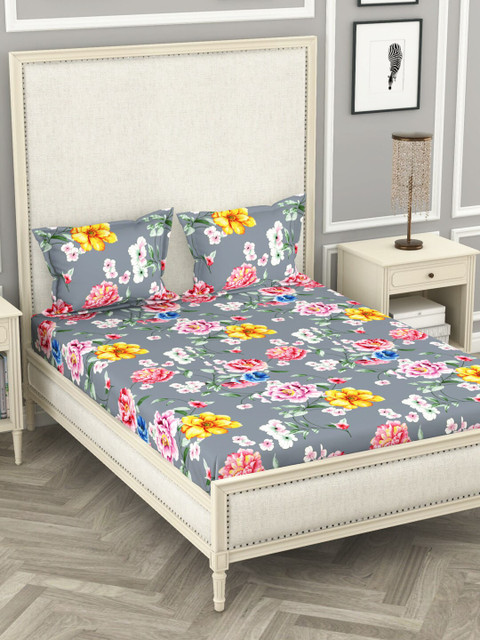 

BIANCA Grey Floral 210 TC Polyester 1 King Bedsheet with 2 Pillow Covers