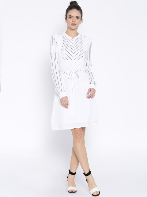 

Tokyo Talkies White Striped Polyester A-Line Dress