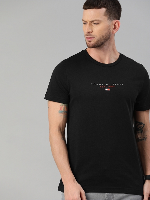 

Tommy Hilfiger Men Black Solid Round Neck Organic Cotton T-shirt with Logo Print