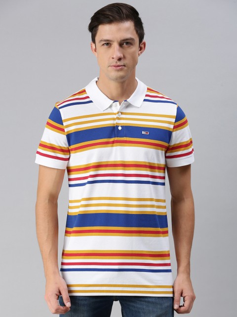 

Tommy Hilfiger Men Multicoloured Striped Polo Collar Loose Pure Cotton T-shirt, Multi