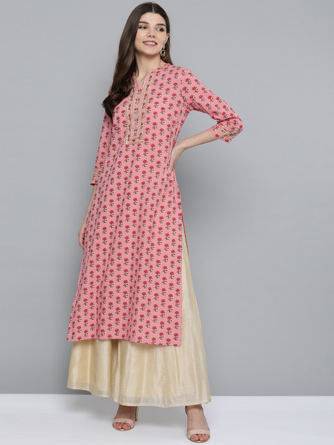 

HERE&NOW Women Pink & Red Printed Pure Cotton Straight Kurta