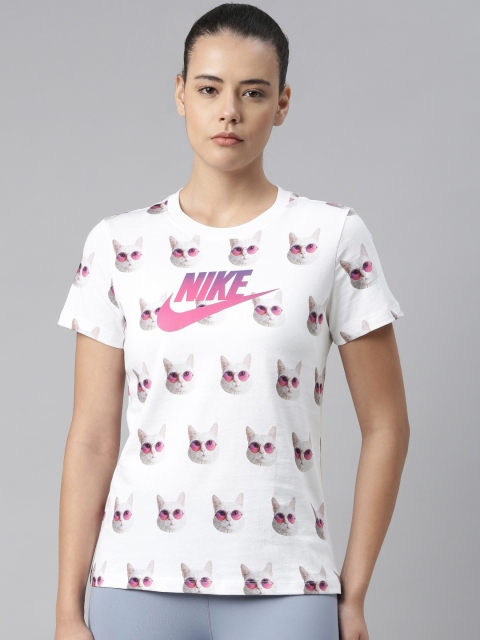 

Nike Women White & Pink NSW INSTACAT Printed Pure Cotton Regular Top