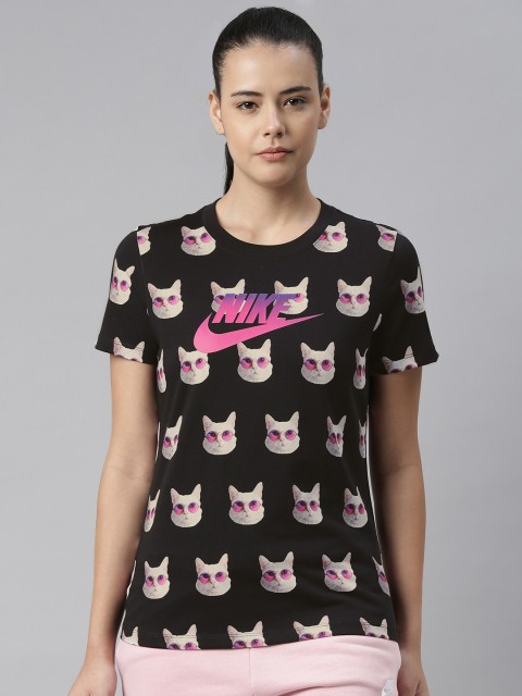 

Nike Women Black & White NSW INSTACAT Printed Pure Cotton Regular Top