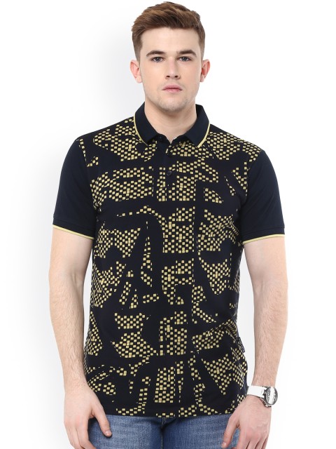 

Avoir Envie Men Navy Blue & Yellow Printed Slim Fit Polo T-shirt