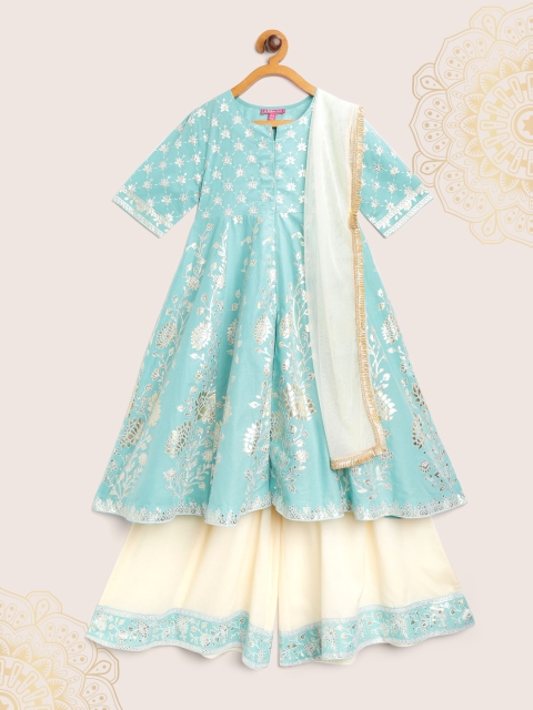 

Biba Girls Blue & Cream-Coloured Ethnic Motifs Print Kurta with Palazzos & Dupatta