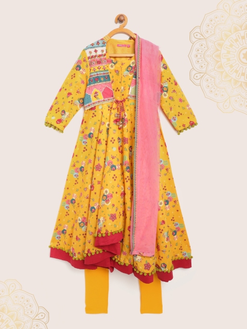 

Biba Girls Mustard Yellow & Pink Floral Print Kurta with Churidar & Dupatta
