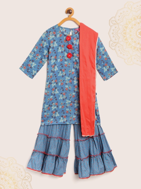 

Biba Girls Blue & Red Floral Print Pure Cotton Kurta with Sharara & Dupatta