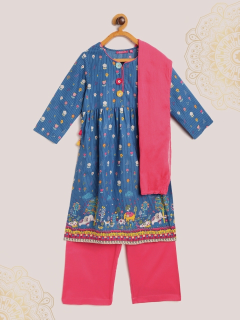 

Biba Girls Blue & Pink Ethnic Motifs Print Kurta with Palazzos & Dupatta