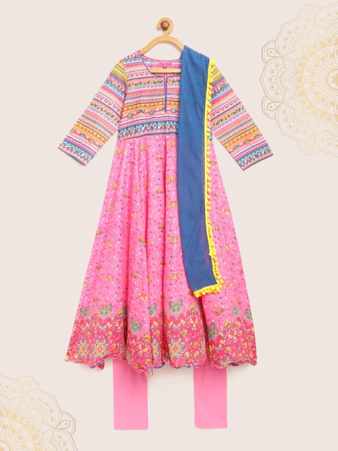 

Biba Girls Pink & Blue Printed Kurta with Churidar & Dupatta