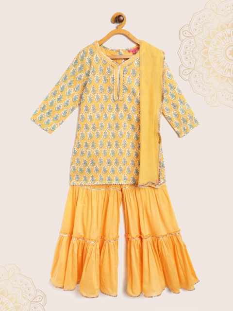 

Biba Girls Yellow & Blue Ethnic Motifs Print Kurta with Sharara & Dupatta