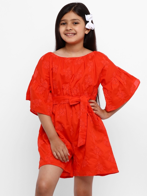 

Natilene Girls Orange Self Design Cotton Playsuit
