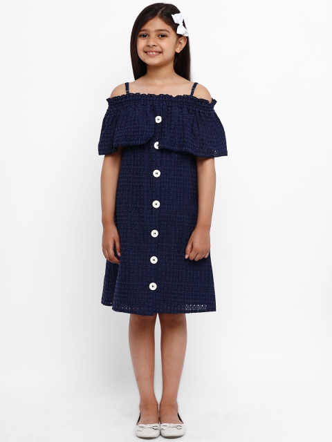 

Natilene Girls Navy Blue Self Design Schiffli A-Line Dress