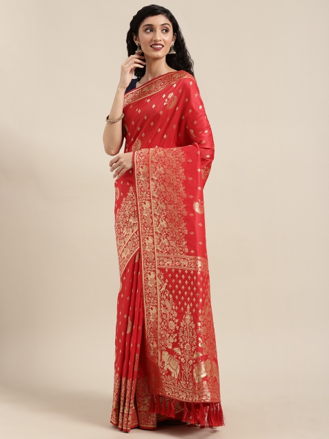 

VASTRANAND Red & Golden Silk Blend Woven Design Banarasi Saree