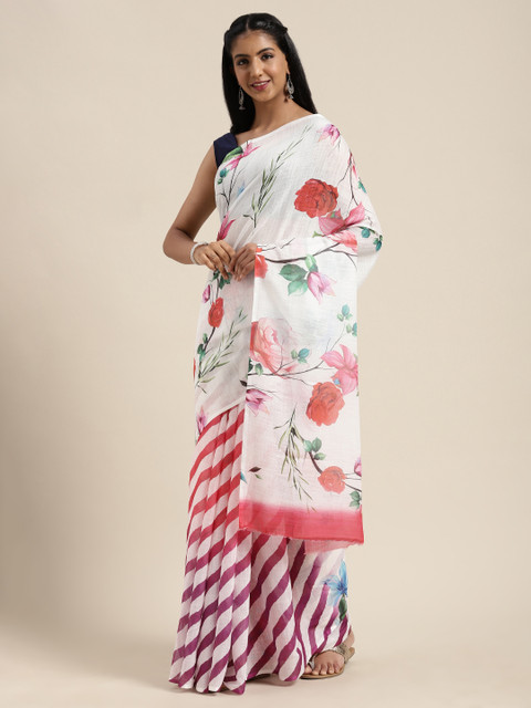 

VASTRANAND Multicoloured Linen Blend Floral Printed Half and Half Ikat Saree, Multi
