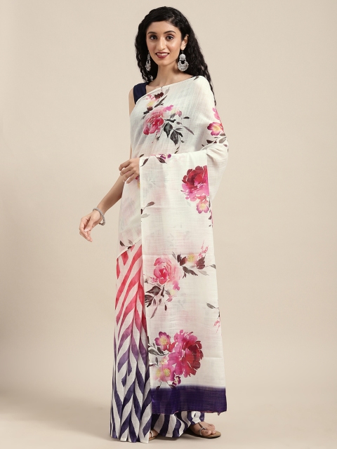 

VASTRANAND White & Pink Linen Blend Floral Printed Ikat Half and Half Saree