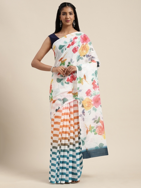 

VASTRANAND Multicoloured Linen Blend Floral Printed Half and Half Ikat Saree, Multi