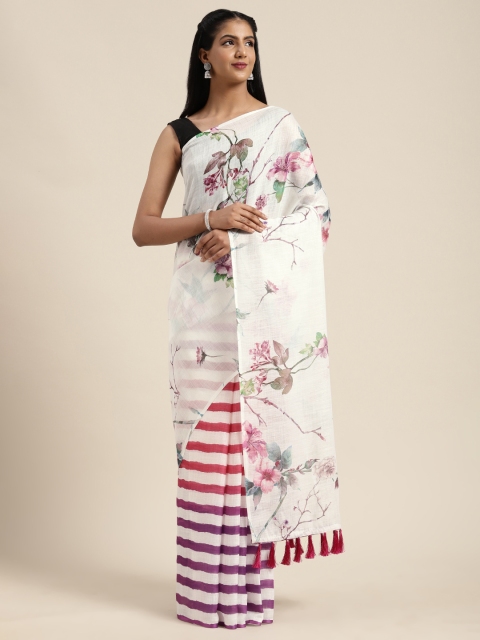

VASTRANAND White Printed Linen Blend Saree