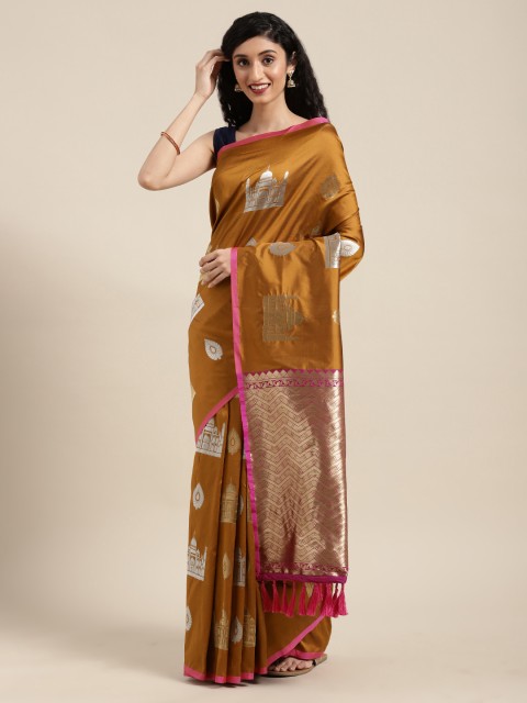 

VASTRANAND Brown & Golden Silk Blend Woven Design Banarasi Saree