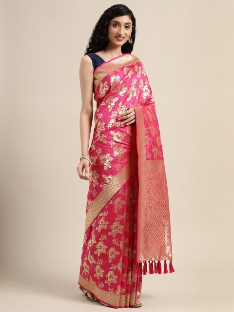 

VASTRANAND Pink & Gold-Toned Silk Blend Woven Design Banarasi Saree