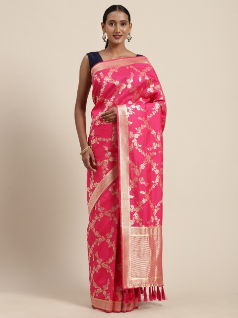 

VASTRANAND Pink & Golden Silk Blend Woven Design Banarasi Saree