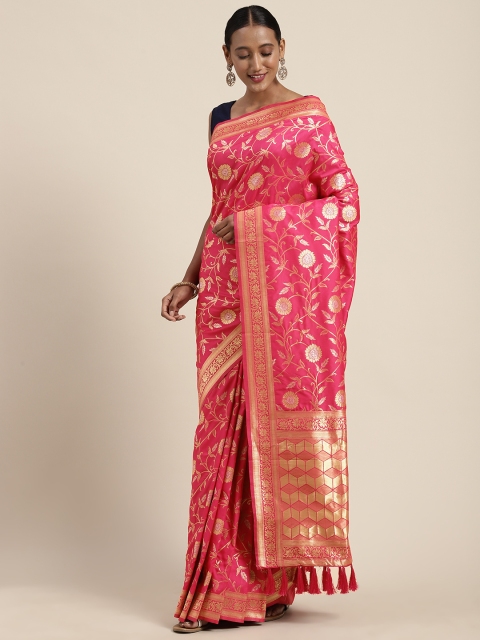 

VASTRANAND Pink & Golden Silk Blend Woven Design Banarasi Saree