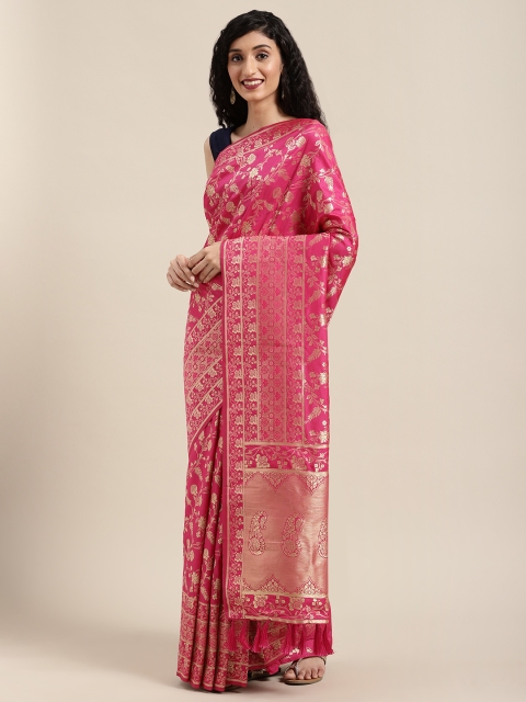 

VASTRANAND Pink & Golden Silk Blend Woven Design Banarasi Saree