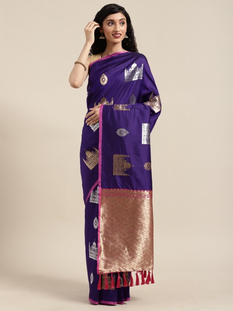 

VASTRANAND Purple & Golden Silk Blend Woven Design Banarasi Saree