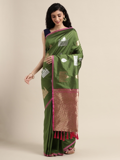 

VASTRANAND Green & Gold-Toned Silk Blend Woven Design Banarasi Saree